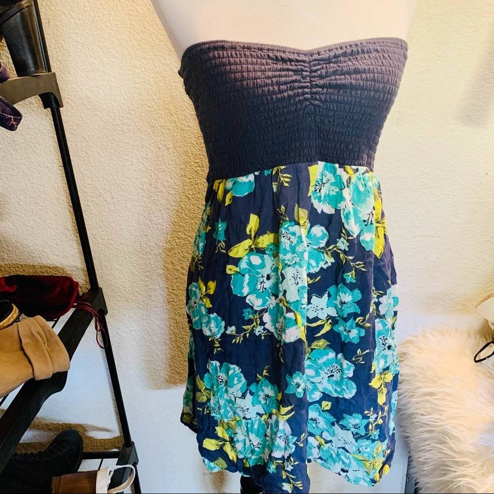Volcom Strapless Navy Floral Mini Dress with Teal & Yellow Print